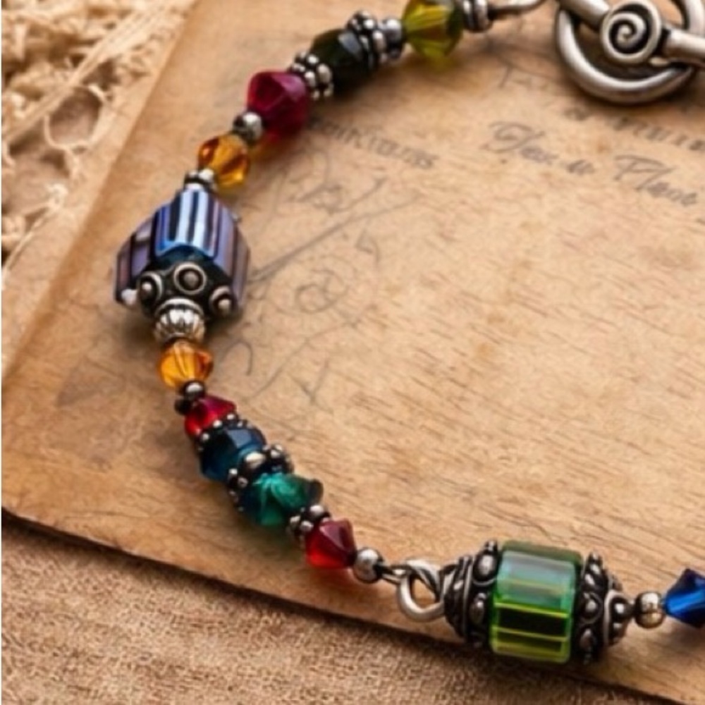 Vintage Artisan Multicolor Glass Bead Bracelet Toggle Clasp Boho